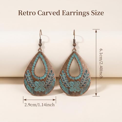 Vintage Bronze Turquoise Engraved Flower Earrings