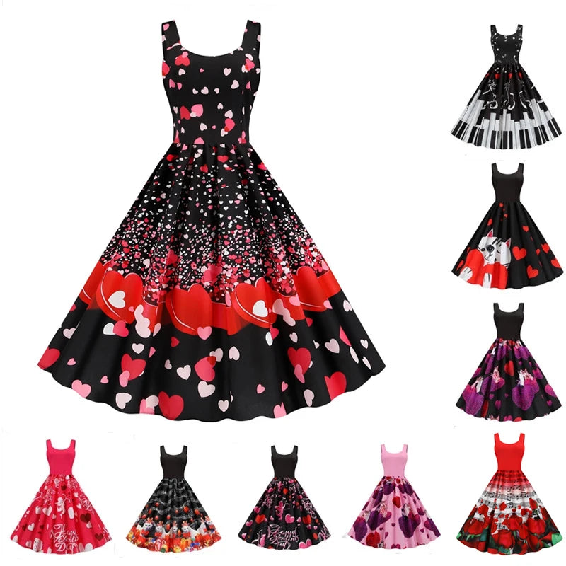 Sweet Heart Print Swing Summer Dress Sexy Halter Rockabilly Valentine Party Dresses Vestido Robe A-Line