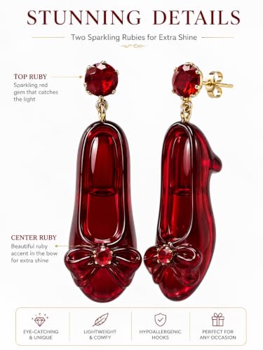 Cute Pair of Ruby Slipper Drop and Dangle Earrings for Women. Wonderful Wizard Oz Themed