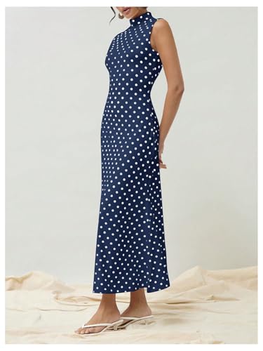 Milumia Women's Polka Dots Maxi Tank Dress Vintage Mock Neck Long Dresses