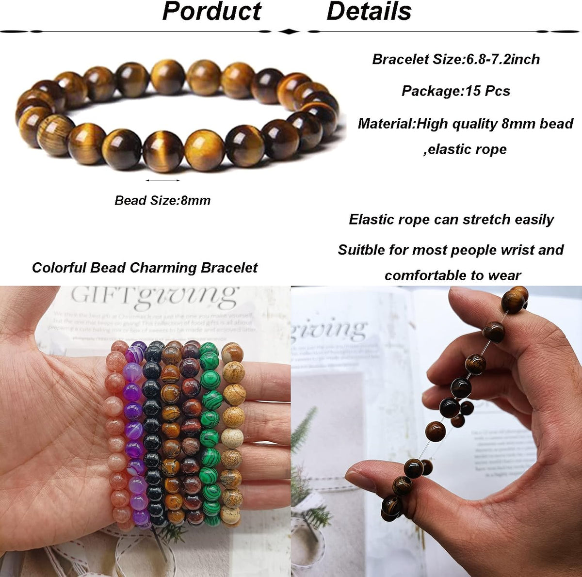 SONNYX 15 PCS 8mm Gorgeous Semi-Precious Gemstones Bracelets Unisex