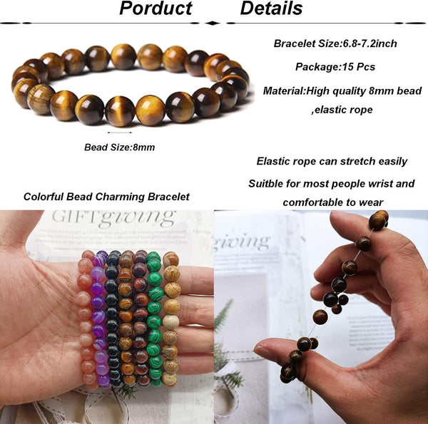 SONNYX 15 PCS 8mm Gorgeous Semi-Precious Gemstones Bracelets Unisex