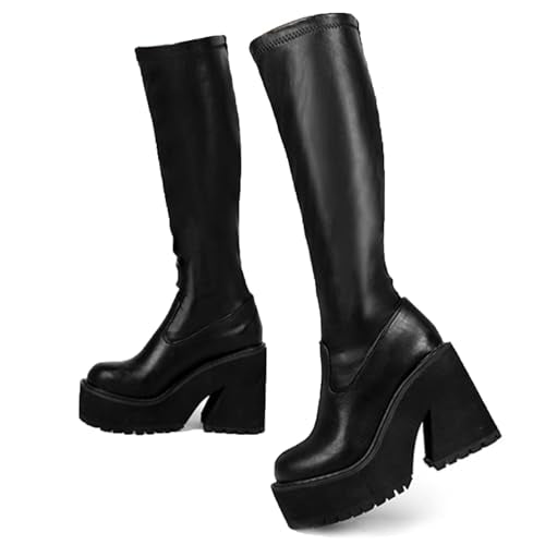 Platform Knee High Boots Elastic Wedge Chunky Heel Tall Boots