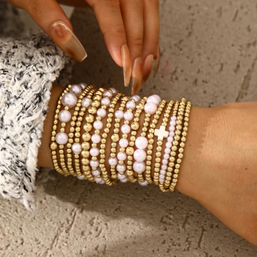 Gold Plated Bead & Pearl Bracelets for Women, 16PC Stackable Stretch Set
