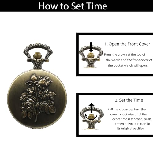 Vintage Quartz Pocket Watch with Flower Pattern Cover and Chain for Wo