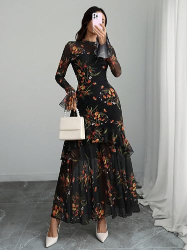 GothDark Women Floral Maxi Dress Bell Sleeve Party Wedding Guest Dresses