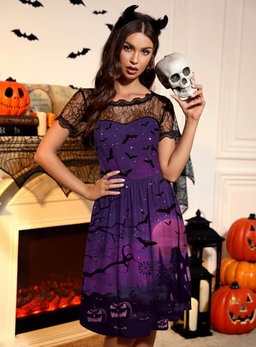 Women Halloween Party Costume Vintage Swing Lace Short Sleeve Witch Dress