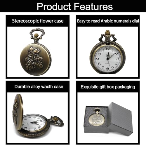 Vintage Quartz Pocket Watch with Flower Pattern Cover and Chain for Wo