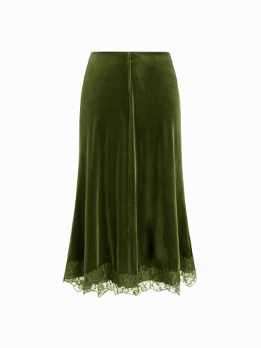 CIDER Vintage Velvet Midi Skirt for Women Lace Hem A Line Maxi Skirt