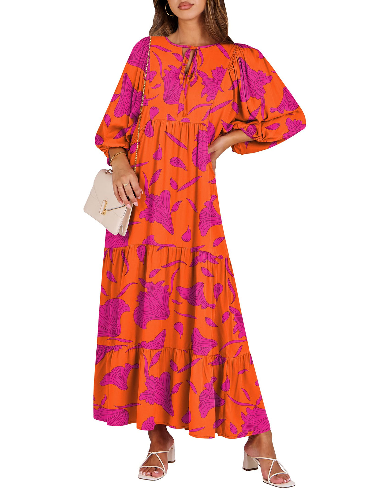 ANRABESS Womens Boho Floral 3/4 Puff Sleeve Maxi Dress