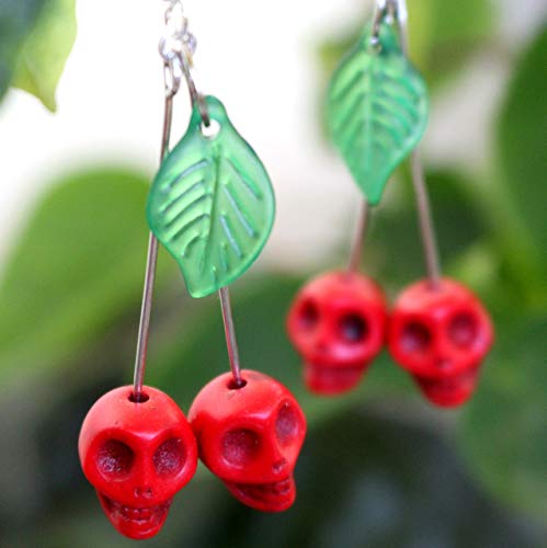 Handmade Gothic Red Skull Cherry Dangle Earrings 2.2 inches Medium Halloween Pinup Quirky Funky Earrings