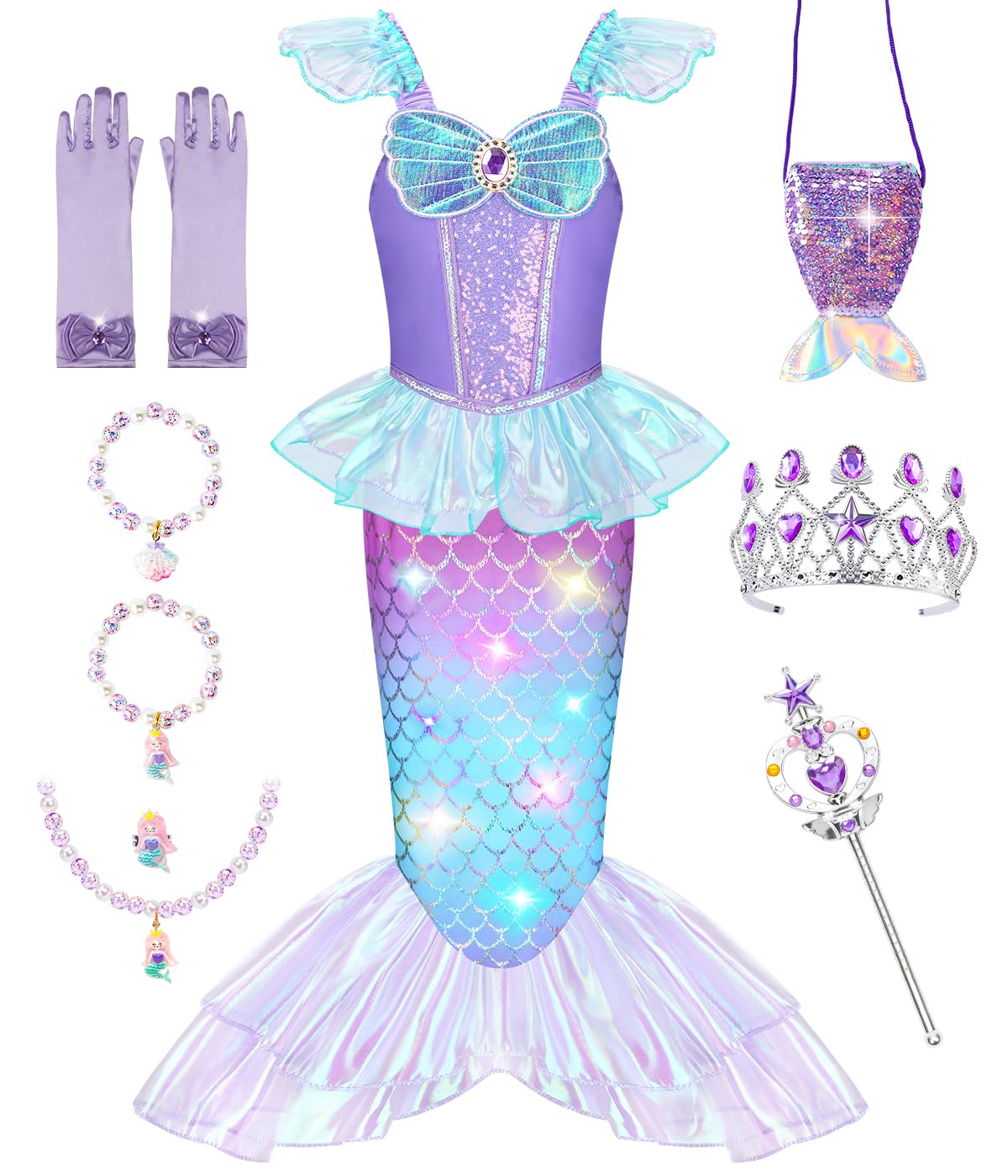 Meland Light Up Mermaid Costume for Girls Ages 3-10, Dress Up Toy Gift Set