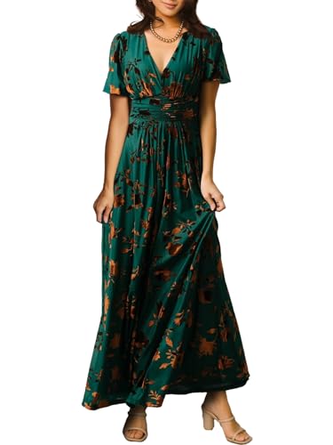 Simplee Women’s V Neck Velvet Maxi Dress Short Sleeve Empire Waist Long Formal Dress for Wedding Guest Main image