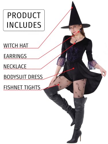 Womens Witch Costume Dress, Black Velour Bodysuit with Hat & Fishnet Tights