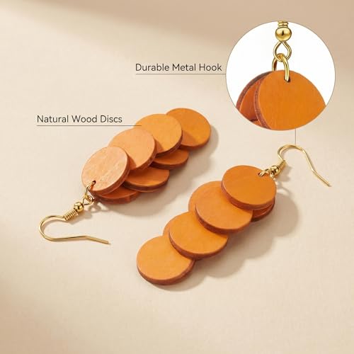 Bohemian Wooden Layered Disc Dangle Earrings, Boho Style Round Drop Earrings for Women, Lightweight Statement Jewelry for Daily Wear & Party
