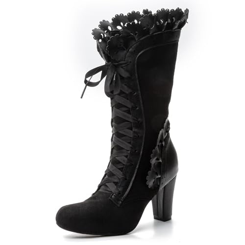 Victorian Boots for Women Vintage Bow Ruffles Goth Boots Costume Lace Up 70S Retro Boots Halloween Witch Stuff Cuban Heel Mid Calf Boots