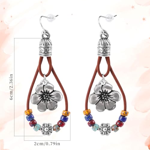 Western Leather Flower Dangle Earrings with Natural Stones