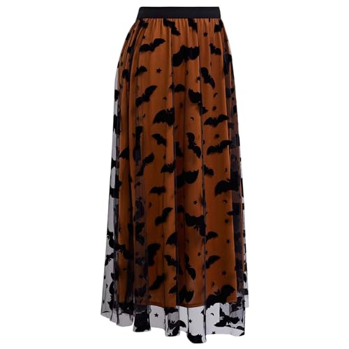 CHICWISH Women's Pumpkin Tulle Tutu Skirt Velvet Bats Elastic Waist Halloween Party Layered Mesh Midi Skirt Halloween Costume