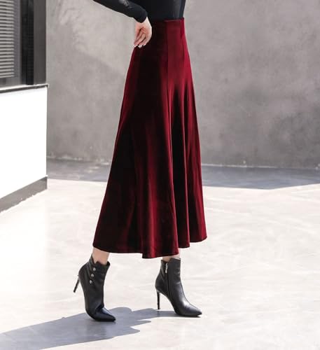 Women's High Waist Pleated Velvet Skirt Casual Slim Flowy Swing A-line Midi Skirts with Pockets