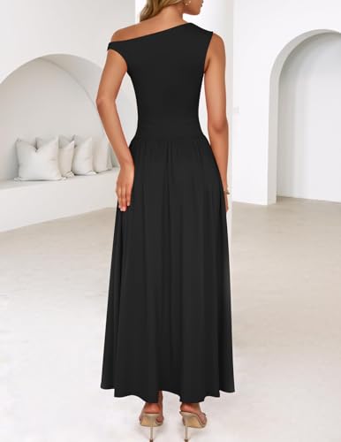 ZESICA Womens Sleeveless One Shoulder Maxi Dress with Pockets