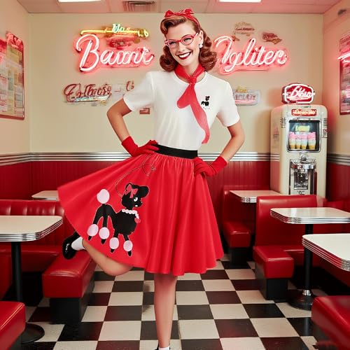 1950s Poodle Skirt Costume 8Pcs Vintage Sock Hop Outfit with T-Shirt, Scarf for Halloween, Retro Parties, Cosplay