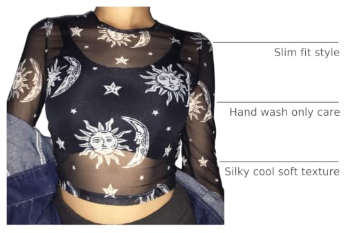 MIZOK Women's Long Sleeve See Through Shirts Angel Print Sexy Sheer Mesh Crop Tops