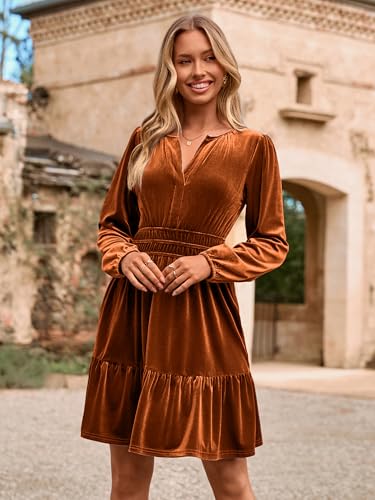Simplee Womens Velvet Dress 2026 Fall Cocktail Long Sleeve Empire V Neck Wedding Guest Holiday Mini Dresses with Pockets