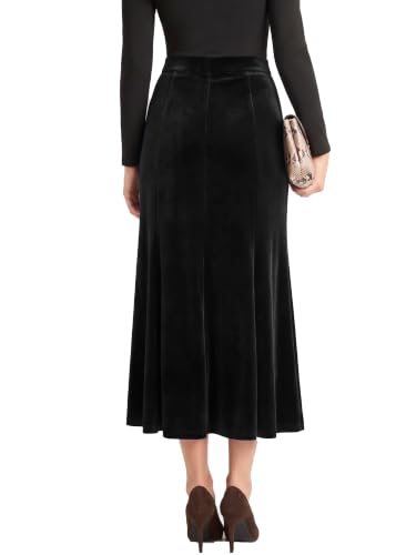 Urban CoCo Women's Velvet A-Line Midi Skirt High-Waisted Stretch