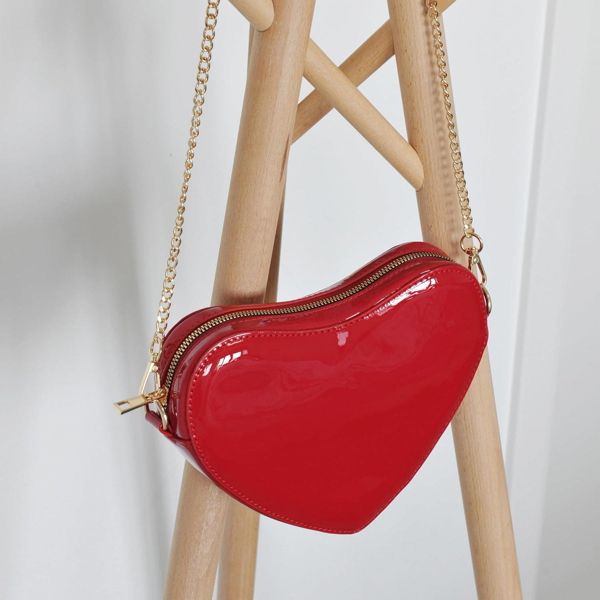 Heart-Shaped Glossy Vegan Leather Chain Crossbody Bag