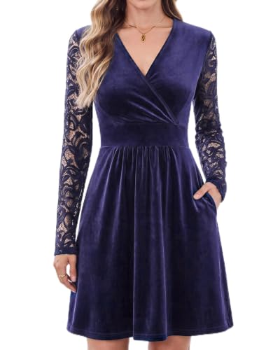 AUSELILY Velvet Dress for Women V Neck Lace Sleeve Wrap Dress