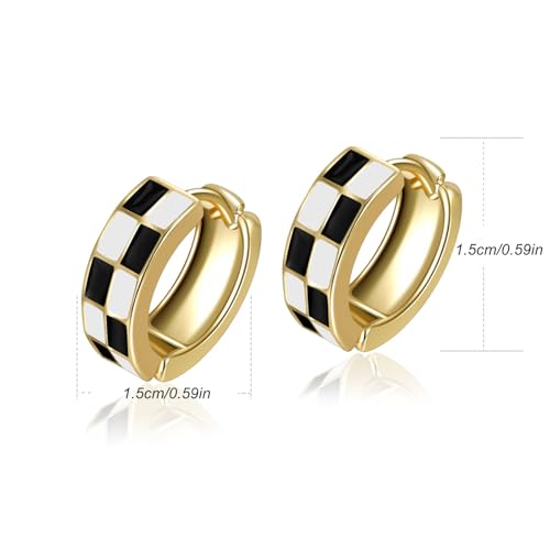 Checker Cartilage Hoops Teacher Earrings for Women White Black Enamel Gold