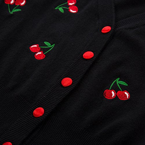 Belle Poque Women's 3/4 Sleeve V-Neck Button Down Cherries Embroidery Cropped Cardigan Sweater Coat