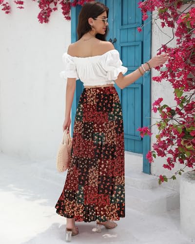 CYiNu Women's Chiffon Elastic High Waist Tiered Pleated Floral Printed A-Line Boho Long Maxi Skirts