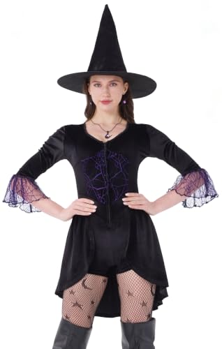 Womens Witch Costume Dress, Black Velour Bodysuit with Hat & Fishnet Tights