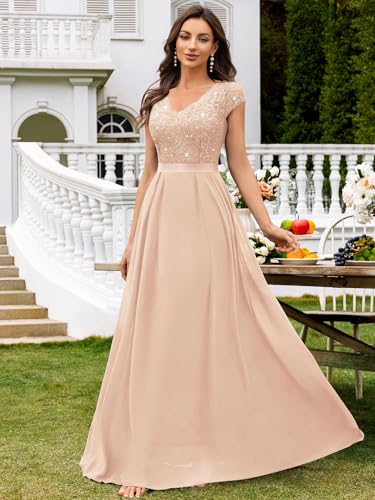Miusol Women's V-Neck Sequined Floral Lace Formal Evening Maxi Dress