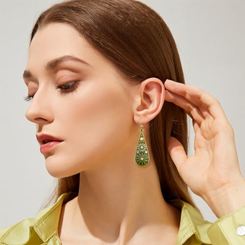 Olive Green Crystal Teardrop Floral Boho Earrings