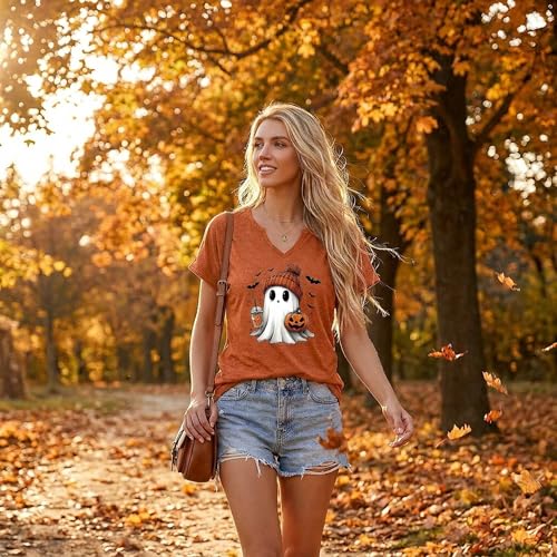 Earlymemb Women Fall Halloween Doodles V Neck Shirt Thanksgiving Casual Tee