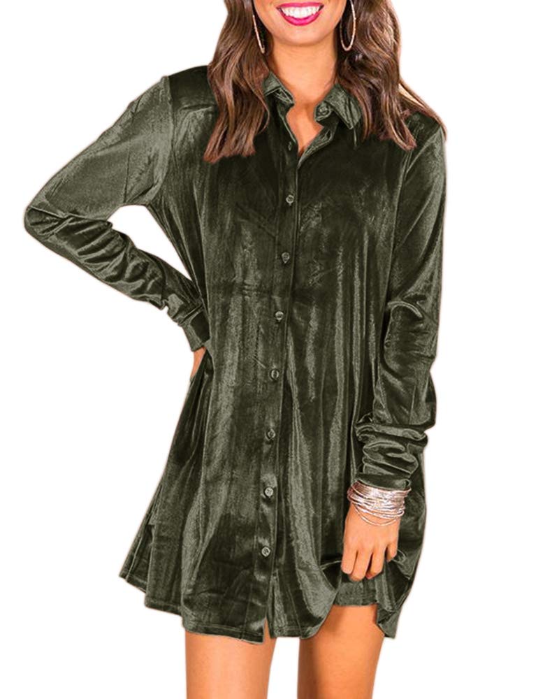 Caitefaso Womens Velvet Button Down T Shirts Swing Mini Dress Casual Long Sleeves Lapel Tunic Tops