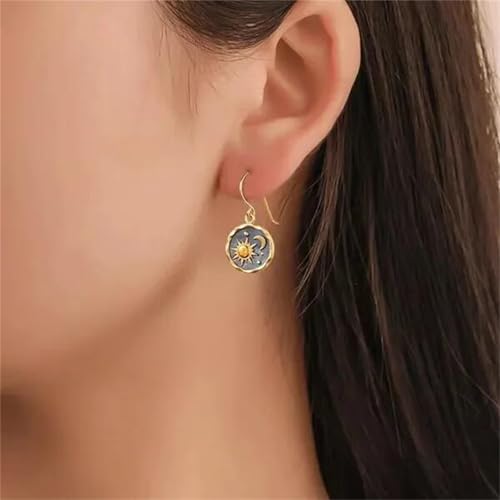 MALOYANVE Vintage Sun and Moon Drop Dangle Earrings for Women Unique lightweight Handmade Retro Boho Antiqued Gold Silver Round Coin Earrings for