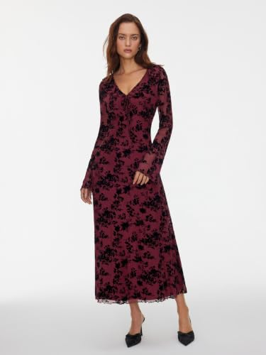 CIDER Women's Floral Velvet Dress Mesh Long Sleeve Maxi Dress