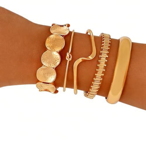 ILGANT Gold Bangle Bracelets for Women Gold Plated Chunky Cuff Bangle Bracelet Stackable Multi Layer Bangles Fashion Jewelry Set