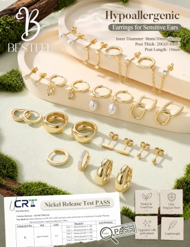 BESTEEL 13 Pairs Small Stud Hoop Earrings Set for Women, Earring Stack Pack