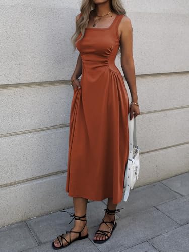 Mieazom Women's Square Neck Sleeveless Slim-Fit Maxi Dress Ruched Waist Corset Flowy Casual Summer Dresses with Pockets