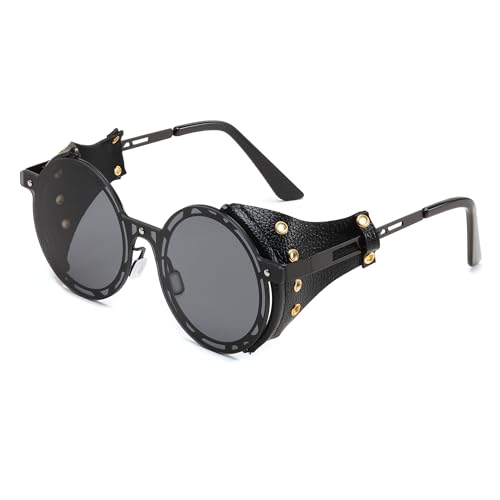Retro Round Metal & Leather Steampunk Sunglasses