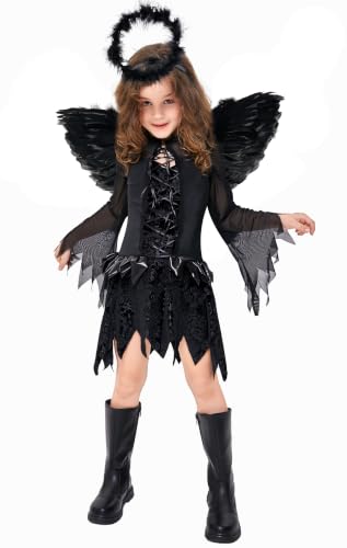 Girls Fallen Angel Dress for Halloween Costume with Black Wings