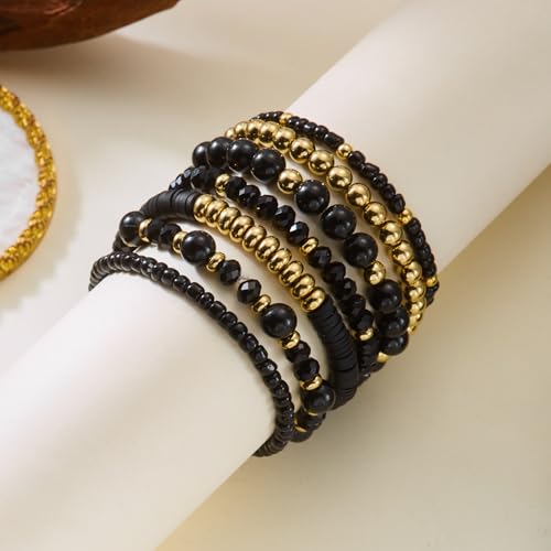 Bohemian Stackable Beaded Bracelets for Women, Multilayer Stretch Bead Bracelet Set, Vintage Boho Stacking Bracelets, Bohemian Jewelry Gifts for Women (Black)