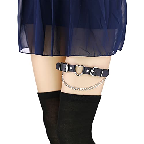 2PCs Leather Leg Garter with Chains, Elastic Rock Heart Thigh Garter for Women