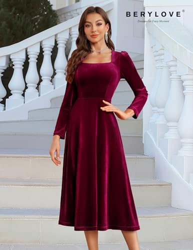 BeryLove Women Velvet Dress Cocktail Party Evening Dresses Long Sleeve Wedding Guest Formal Dresses Secondary image