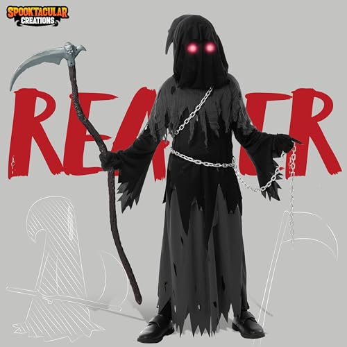 Spooktacular Creations Glowing Eyes Grim Reaper Costume for Kids, Halloween Costume for Boys, Halloween, Dress-up Party