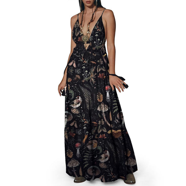 Womens Summer Sun Dresses Mystical Gothic Maxi Dress Casual Floral Witch Dress Date Dress Halloween Outfits